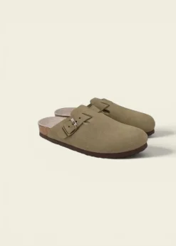 Sabots en cuir certifié | kaki "riva velour kaki"