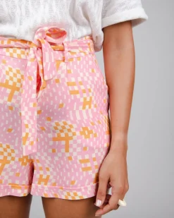 Short rose à motifs en ecovero et lin - dizzy belted short rose