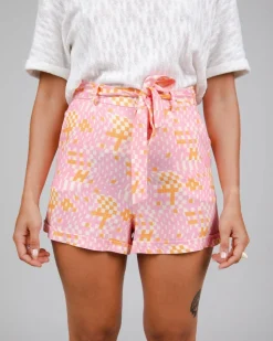 Short rose à motifs en ecovero et lin - dizzy belted short rose