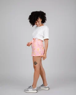 Short rose à motifs en ecovero et lin - dizzy belted short rose