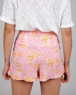 Short rose à motifs en ecovero et lin - dizzy belted short rose