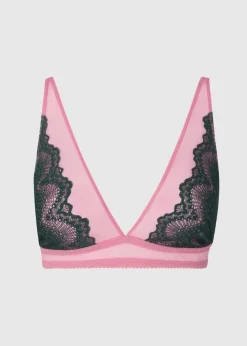 Soutien gorge triangle en matières recyclées | bicolore "lace mesh plunge bralette - pine/candy pink"