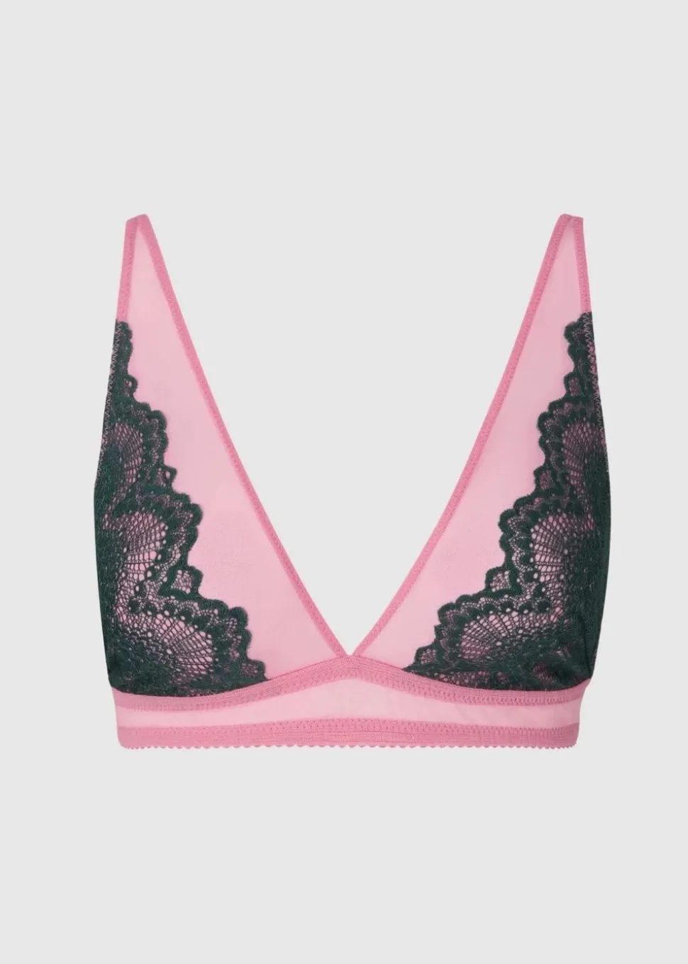 Soutien gorge triangle en matières recyclées | bicolore "lace mesh plunge bralette - pine/candy pink"