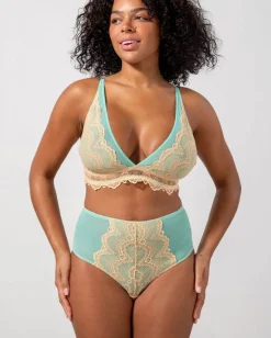 Soutien gorge triangle en matière recyclée | bicolore lace mesh plunge bralette - peach / turquoise
