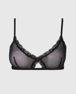 Soutien gorge triangle en matières recyclées | noir "mesh lace trim triangle bralette - black"