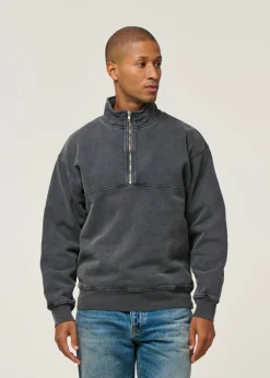 Sweat camionneur col zippé en coton bio | noir "faded black"