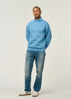 Sweat camionneur col zippé en coton bio | bleu "seaside blue"