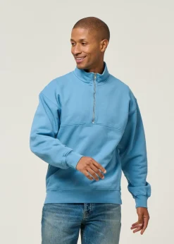 Sweat camionneur col zippé en coton bio | bleu 