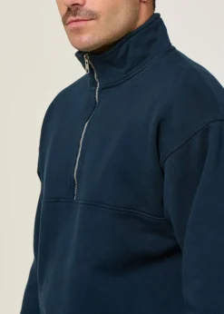 Sweat camionneur col zippé en coton bio | marine "quarter zip navy blue"