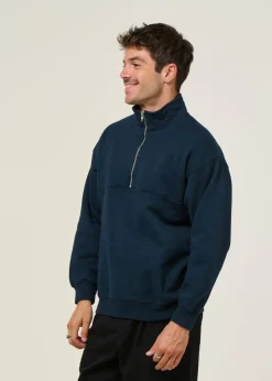 Sweat camionneur col zippé en coton bio | marine 