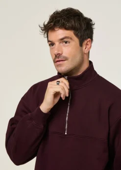 Sweat camionneur col zippé en coton bio | bordeaux "quarter zip oxblood red"