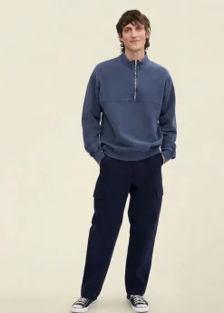 Sweat camionneur en coton bio | bleu "quarter zip - neptune blue"