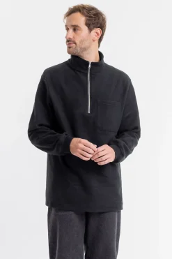 Sweat noir col zippé en coton bio - half zip sweatshirt black