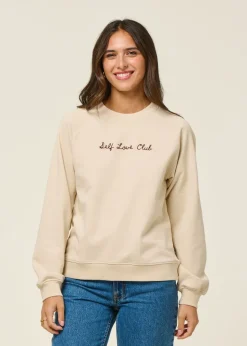 Sweatshirt brodé en coton bio | beige "sweatshirt ystad self love club emb oat white - rainy day"