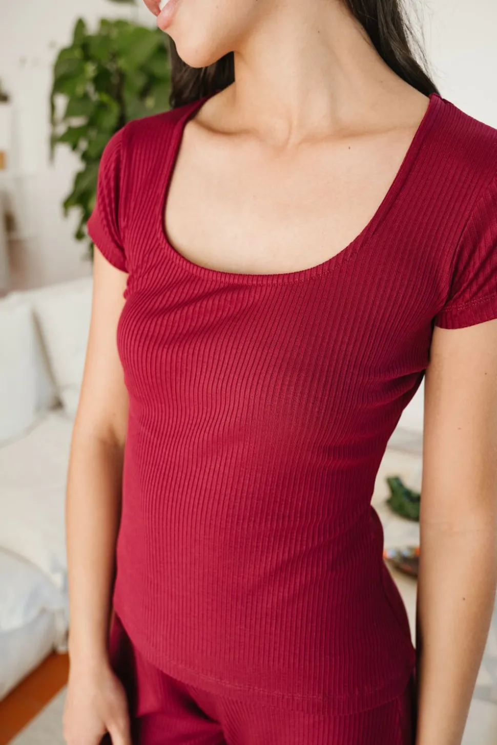 Tee-shirt col carré en tencel côtelé "nita" | framboise