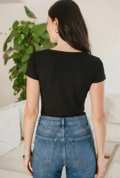Tee-shirt col carré en tencel côtelé "nita" | noir