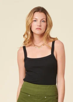 Top côtelé à bretelles en coton bio | noir "rib strap top black jet"