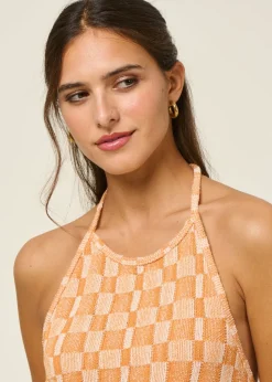 Top dos nu éponge en coton bio | orange "passage - jacquard carreaux"