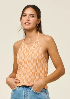 Top dos nu éponge en coton bio | orange "passage - jacquard carreaux"