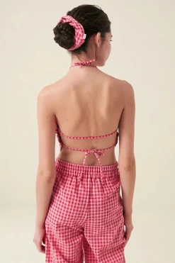 Top en coton bio et matière recyclée | vichy rose rouge "crush backless top - vichy red pink"
