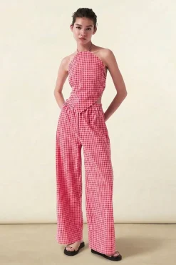Top en coton bio et matière recyclée | vichy rose rouge 