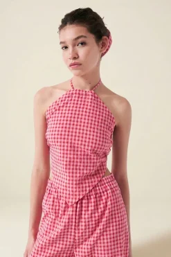 Top en coton bio et matière recyclée | vichy rose rouge 