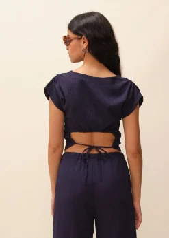 Top fronces épaules en seersucker upcyclé | marine "leila"
