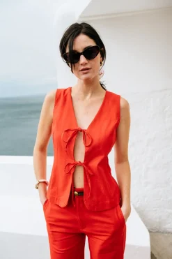 Top à noeuds en coton bio | rouge "fiery red elise top"