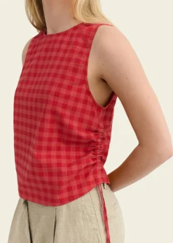 Top seersucker en coton bio | rouge "red checks seersucker florence top"