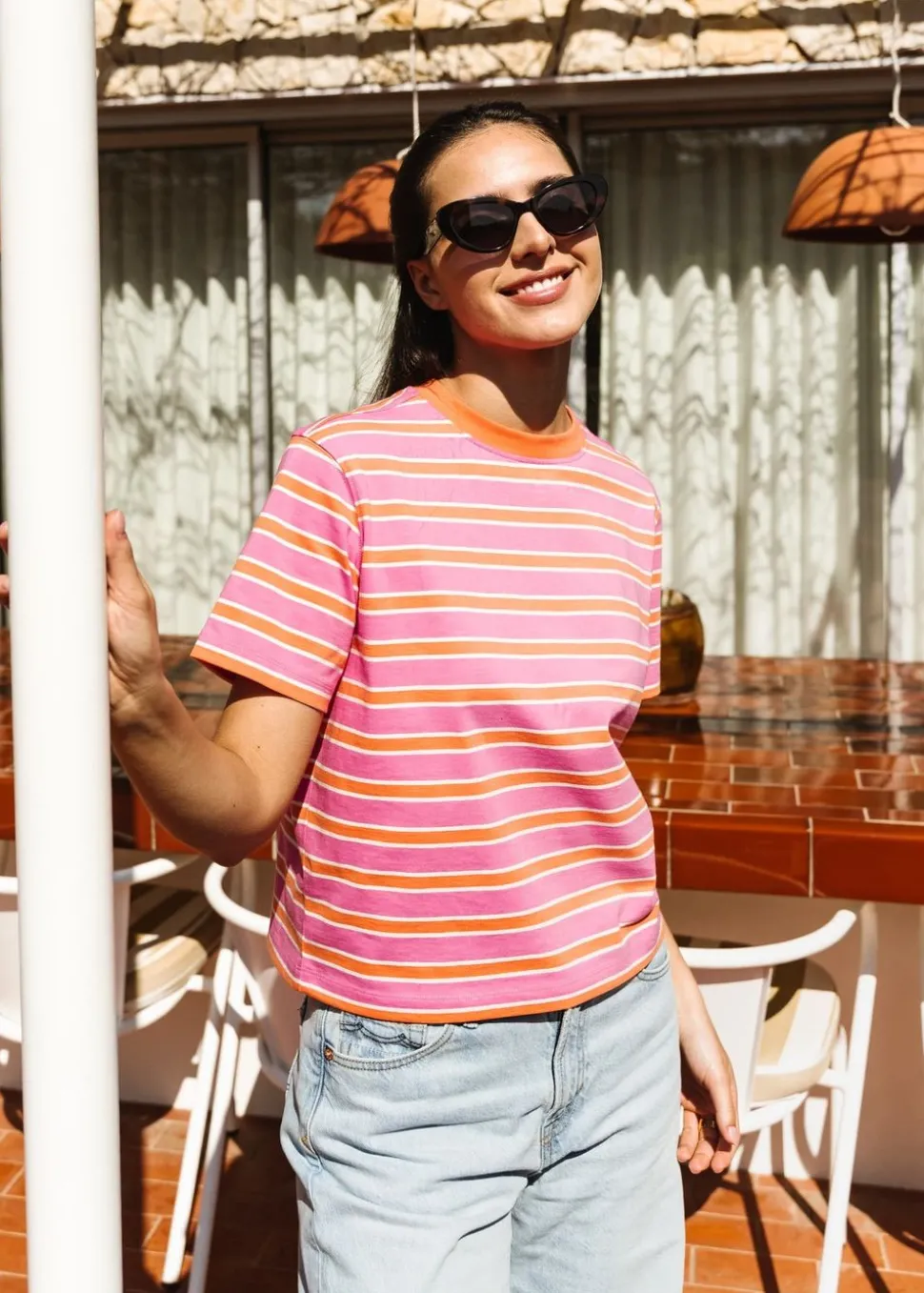 T-shirt boxy en coton bio | rayé rose