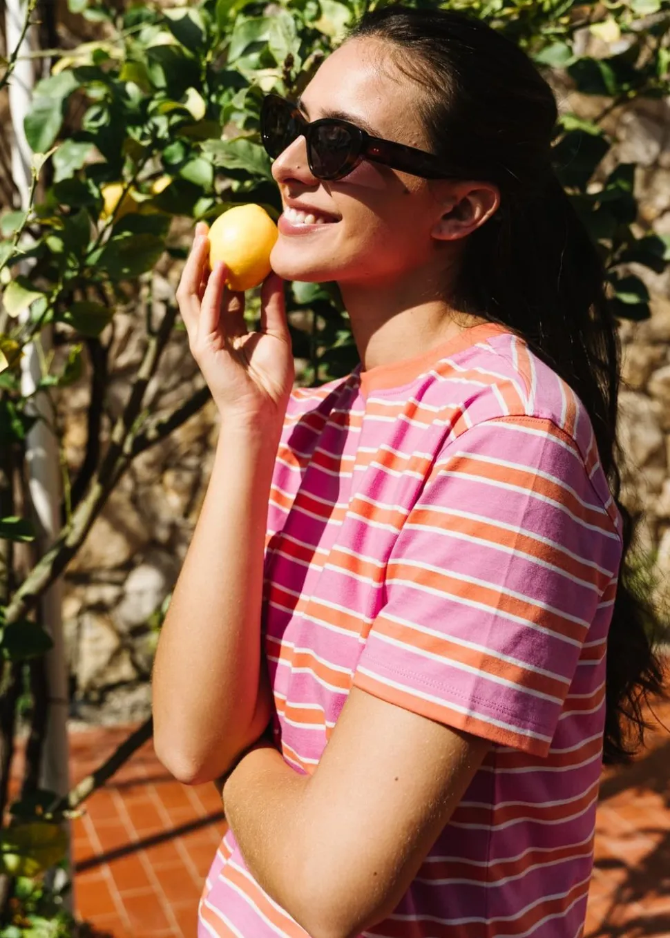 T-shirt boxy en coton bio | rayé rose