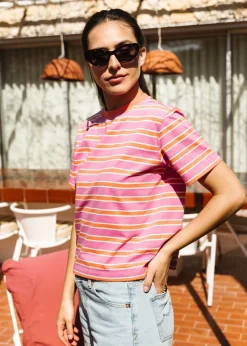 T-shirt boxy en coton bio | rayé rose