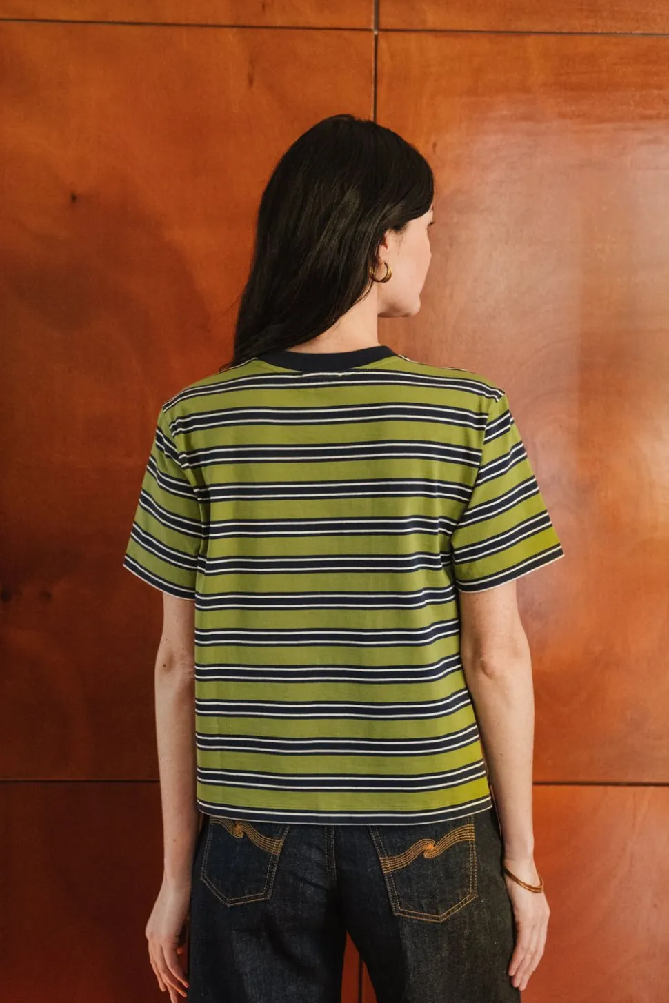 T-shirt boxy en coton bio | rayé vert