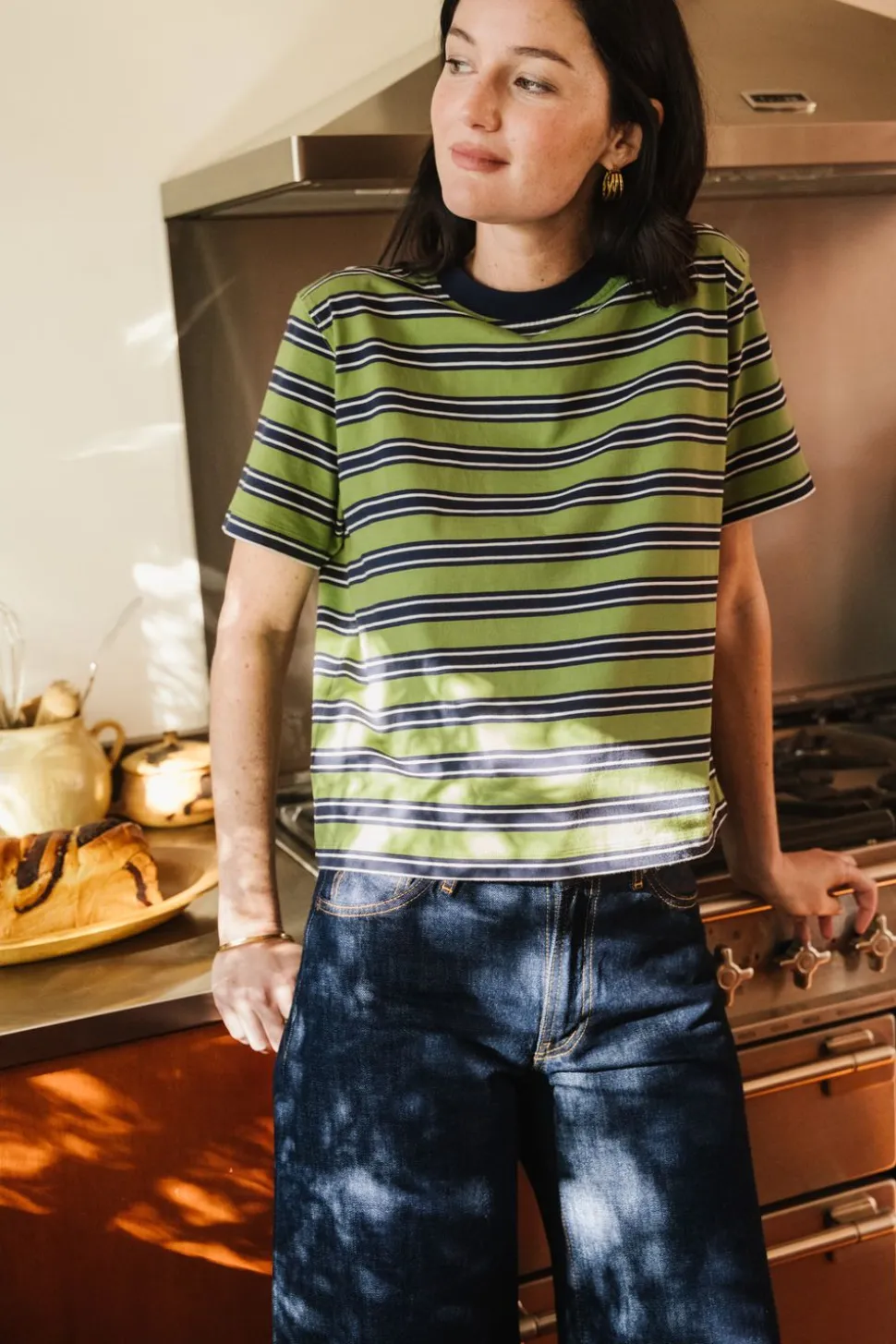 T-shirt boxy en coton bio | rayé vert