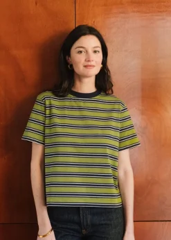 T-shirt boxy en coton bio | rayé vert