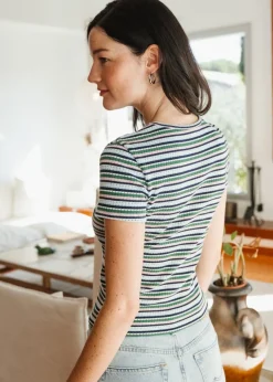 T-shirt rayé en pointelle côtelée upcyclée | multicolore
