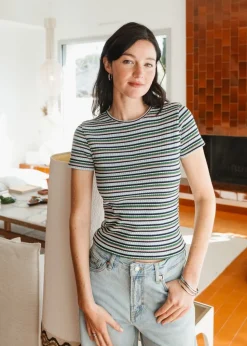 T-shirt rayé en pointelle côtelée upcyclée | multicolore