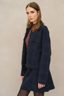 Veste en coton bio et laine | marine "joaalison check - night sky-steel melange"
