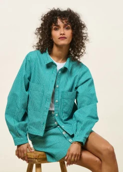 Veste en coton bio et matières recyclées | turquoise "denim stripes crop overshirt mint"