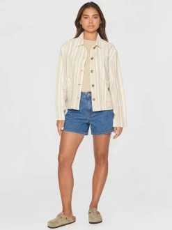 Veste légère en coton bio | rayé blanc et beige "jacquard woven overshirt beige stripe"